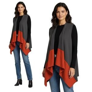 ODDY Open Wrap Cardigan Women's Sz L Color Block Orange & Gray Asymmetrical Hem
